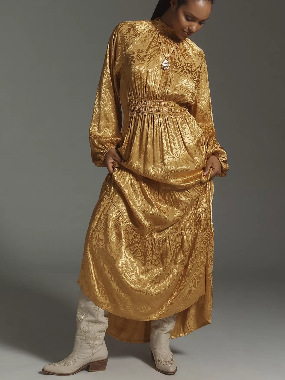 Anthropologie Golden Mustard Satin Maxi Dress